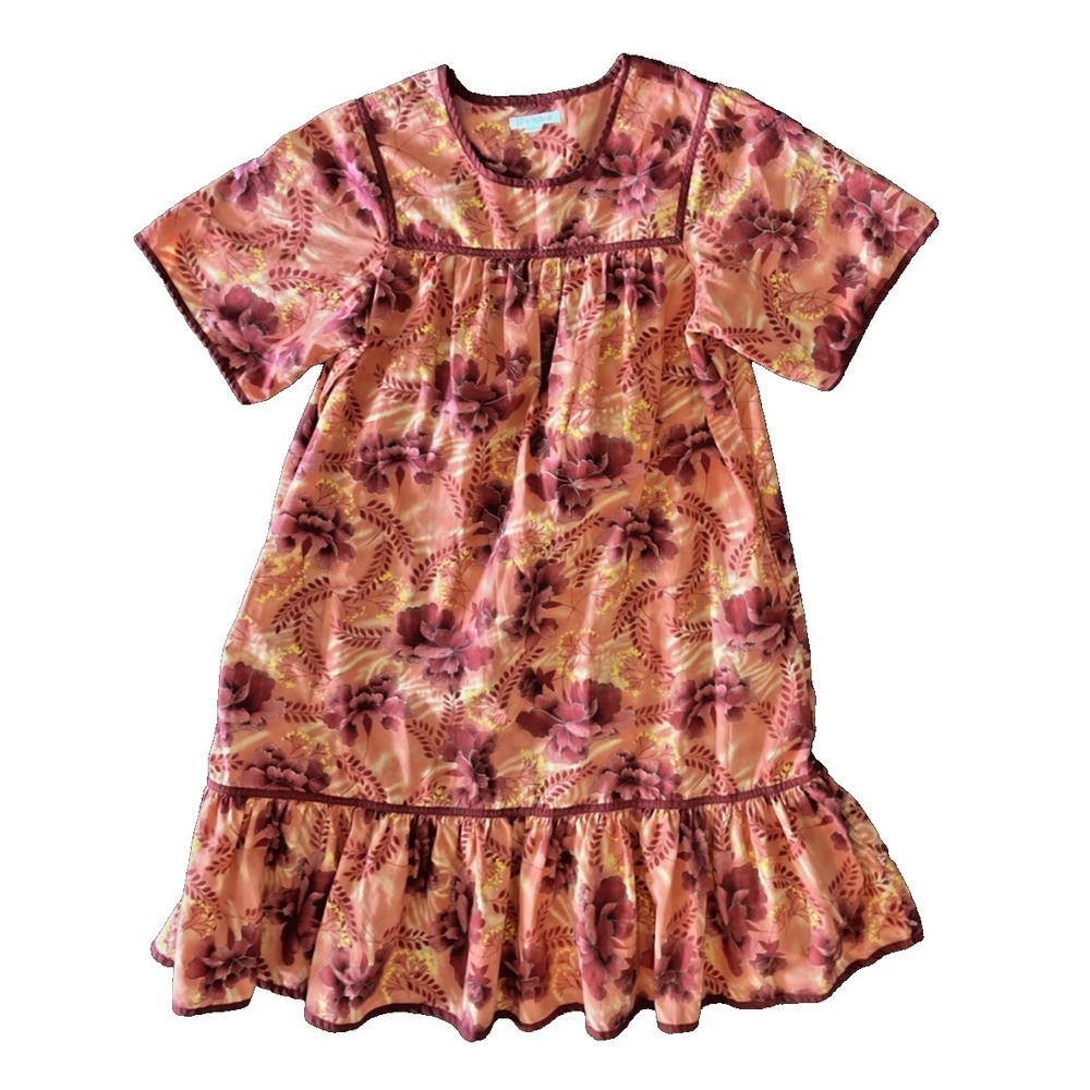 Go Softly Patio M Mumu Housedress Pullover Floral Hawaiian Roomy Orange Pockets